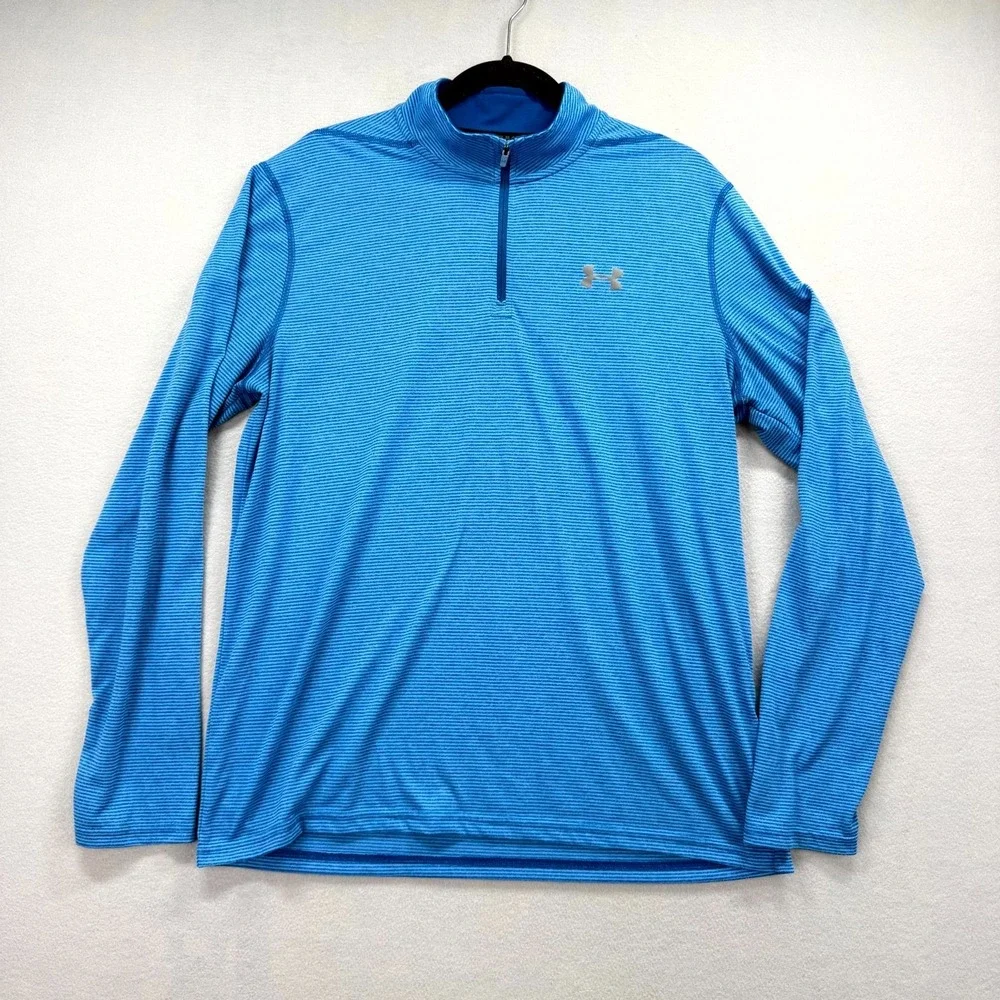 Under Armour 1/4 Zip Pullover Mens‎ L Blue Striped Threadborne HeatGear Athletic